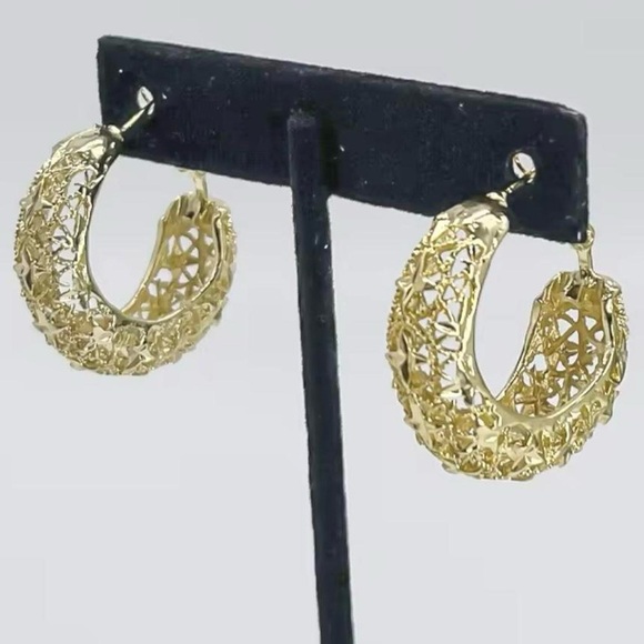 Small Gold Ornate Hollow Hoops & C Shape Necklace Set in Yellow Gold! - Picture 2 of 5